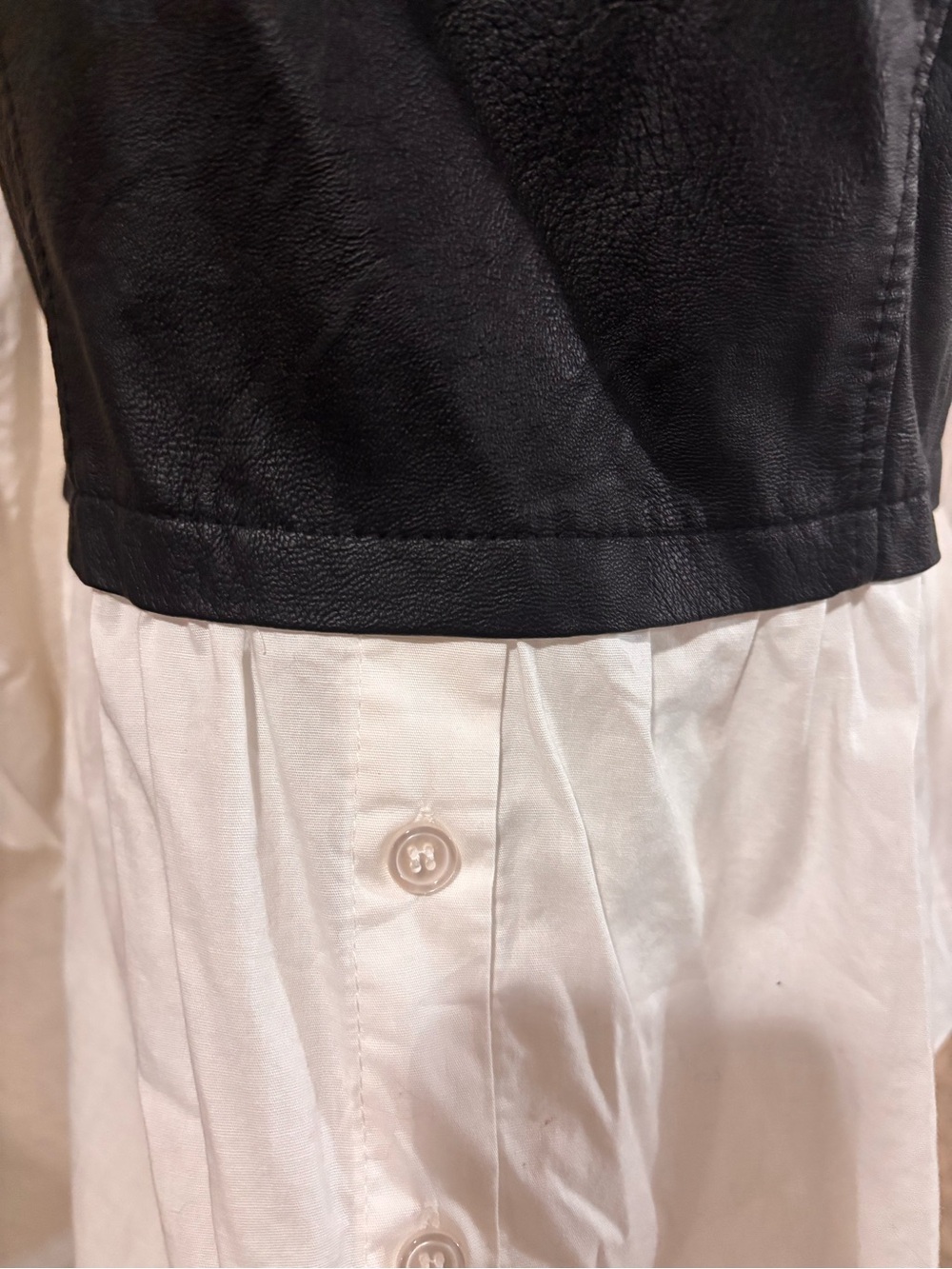 Women's Black faux leather Overlay & White Button-Down Shirt - Picture 2 of 12